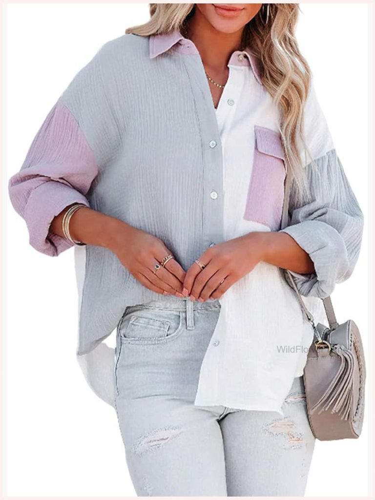 Color Block Button Down Shirt Casual Loose Long Sleeve Blouse Top